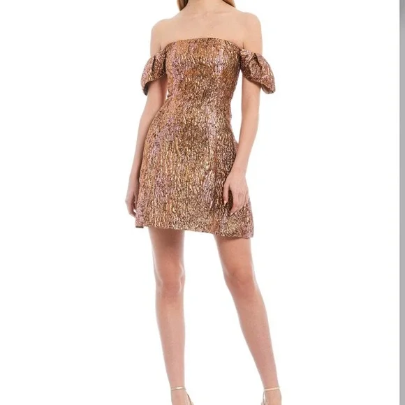 Aidan by Aidan Mattox Off-The-Shoulder Metallic Dress - Copper